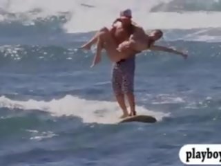 Naked badass babes enjoyed water surfing with the real pro