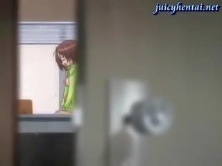 Anime lesbians sharing a dildo